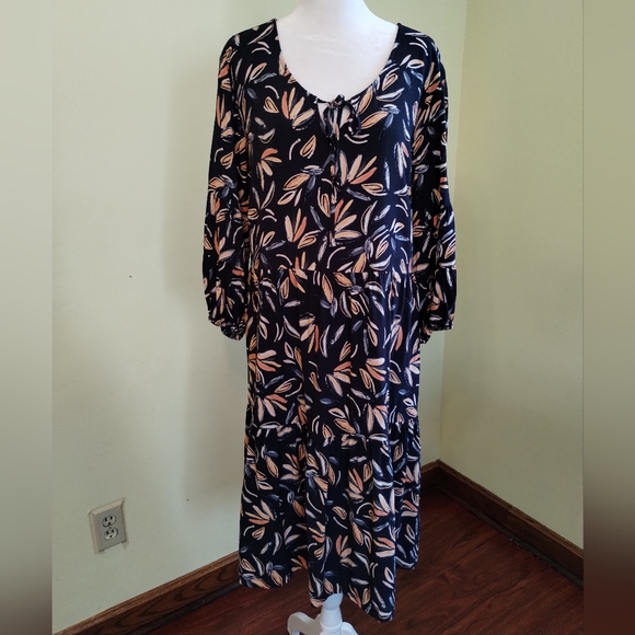 Ryllace Floral Boho Promenade Flowy Tiered Navy Blue Dress 3/4 Sleeve  Size 20 - Picture 3 of 15